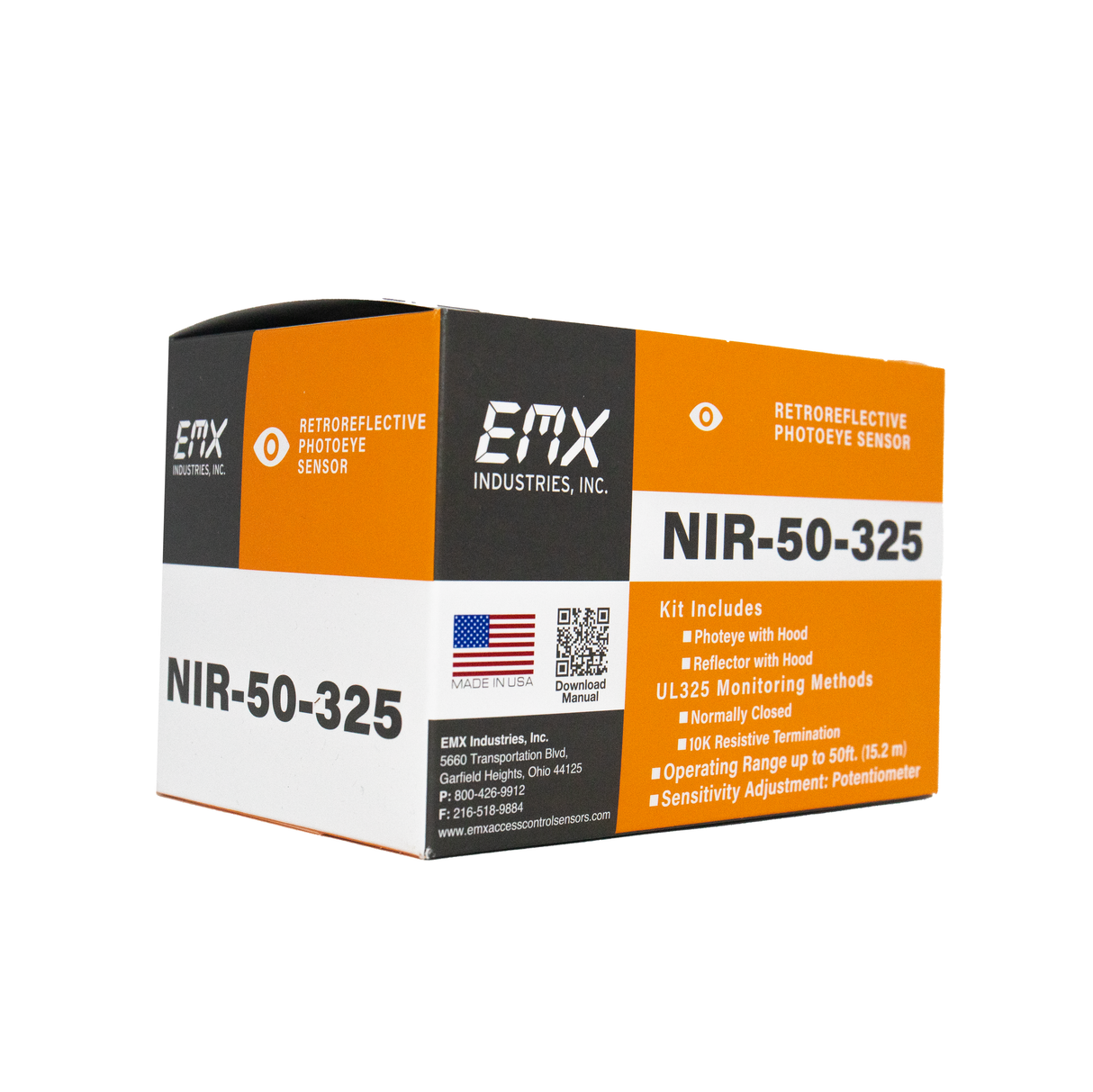 EMX-5255-K - NIR-50-325 Kit W/Sensor & Reflector Hood UL325 Nc / 10K Across N.O. Contact Retroreflective Photoeye Kit
